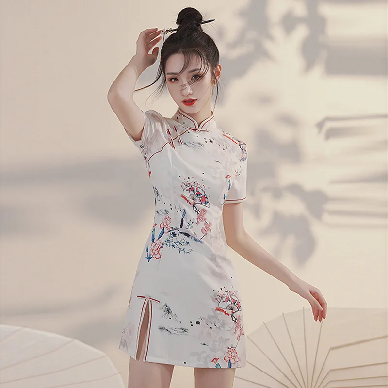 

2022 Summer Short Cheongsam Dress Floral Fan Slim Vintage Plus Qipao Handmade Button Qipao 2XL White