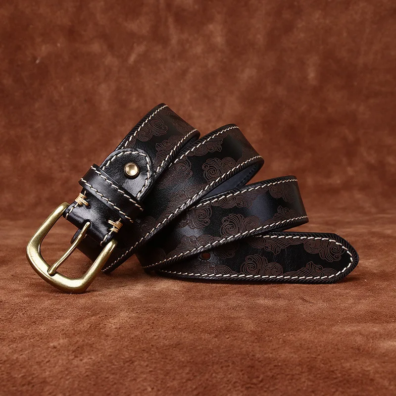 

3.3 width personalized fashion trend retro top layer cowhide laser engraved pattern belt men's genuine leather pin buckle belt