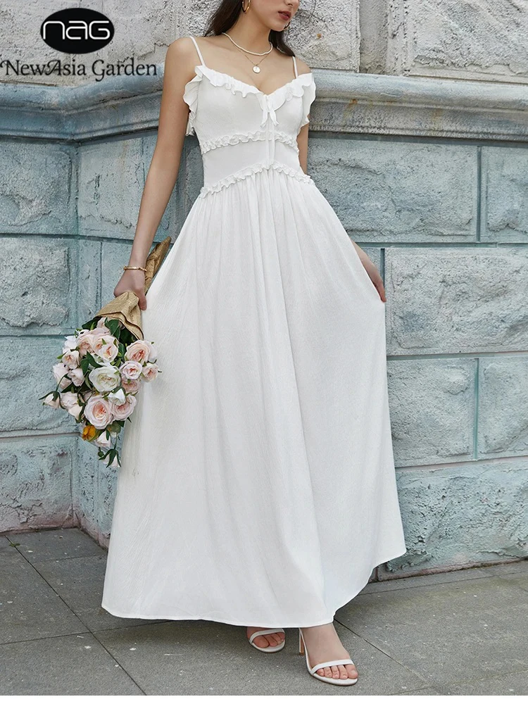 

NewAsia Elegant Women's Ruffled Spaghetti Straps Maxi Dress with Bow Detail V-Neck Backless Summer Party Gown for Wedding Prom