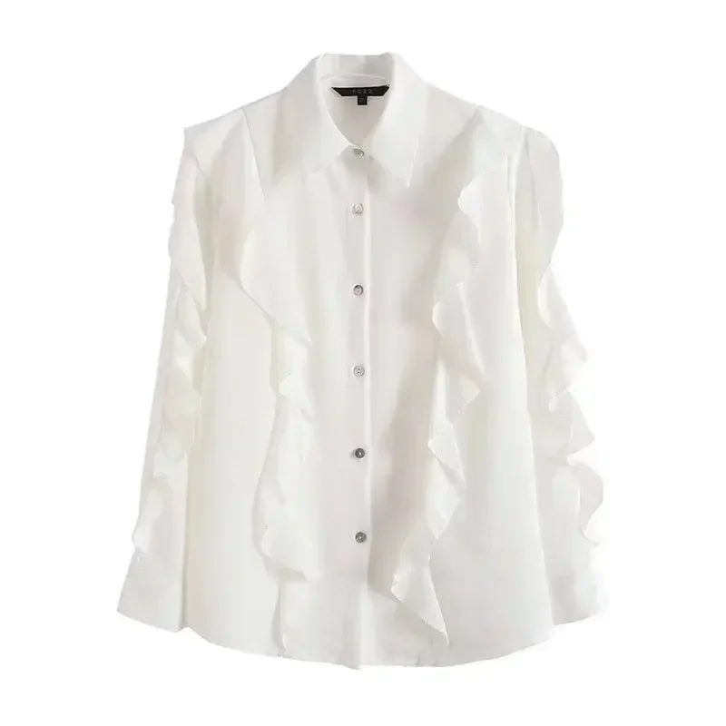 

Women's 2023 Sweet Fashion Temperament Joker Long Button Top Retro Long-sleeved Ruffled Decorative Blouse Chic Top.