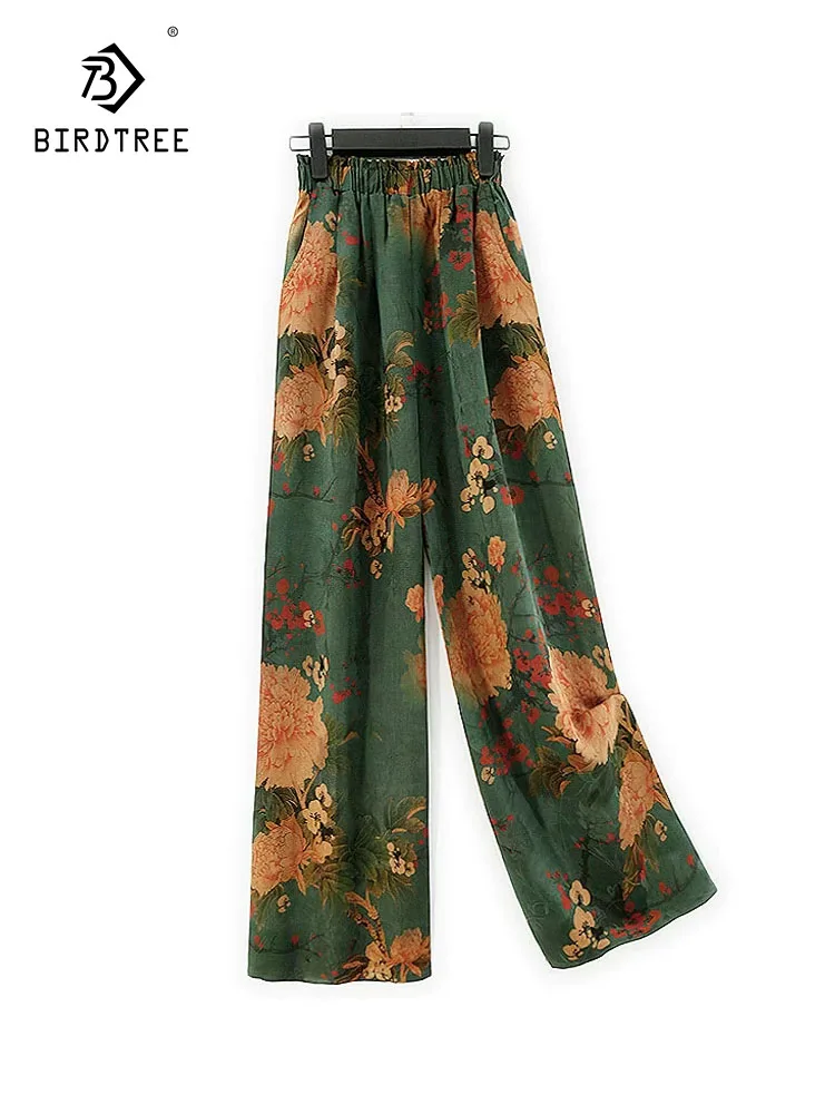 

BirdTree-Женские элегантные брюки из шелковой полированной марли, жаккардовые брюки с эластичной резинкой на талии, универсальные широкие брюки в стиле ретро, осень 2023, B5O464CC