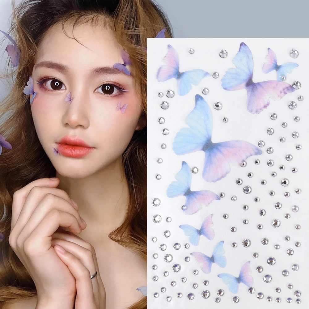 3D Butterfly Diamond Stickers for Face and Body Music Party Festival Decoration Self Adhesive Eyeshadow Crystal Diamonds Sticker