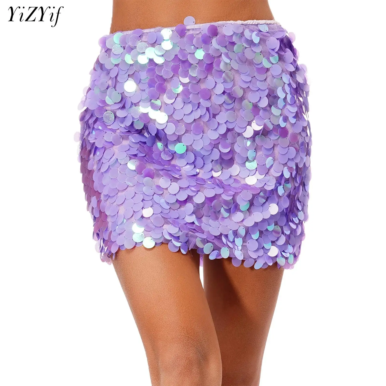 Women's Shiny Sequin Mini Skirt Female Sexy Bodycon High Waisted Pencil Skirt Carnival Musical Cocktail Rave Dance Party Skirt