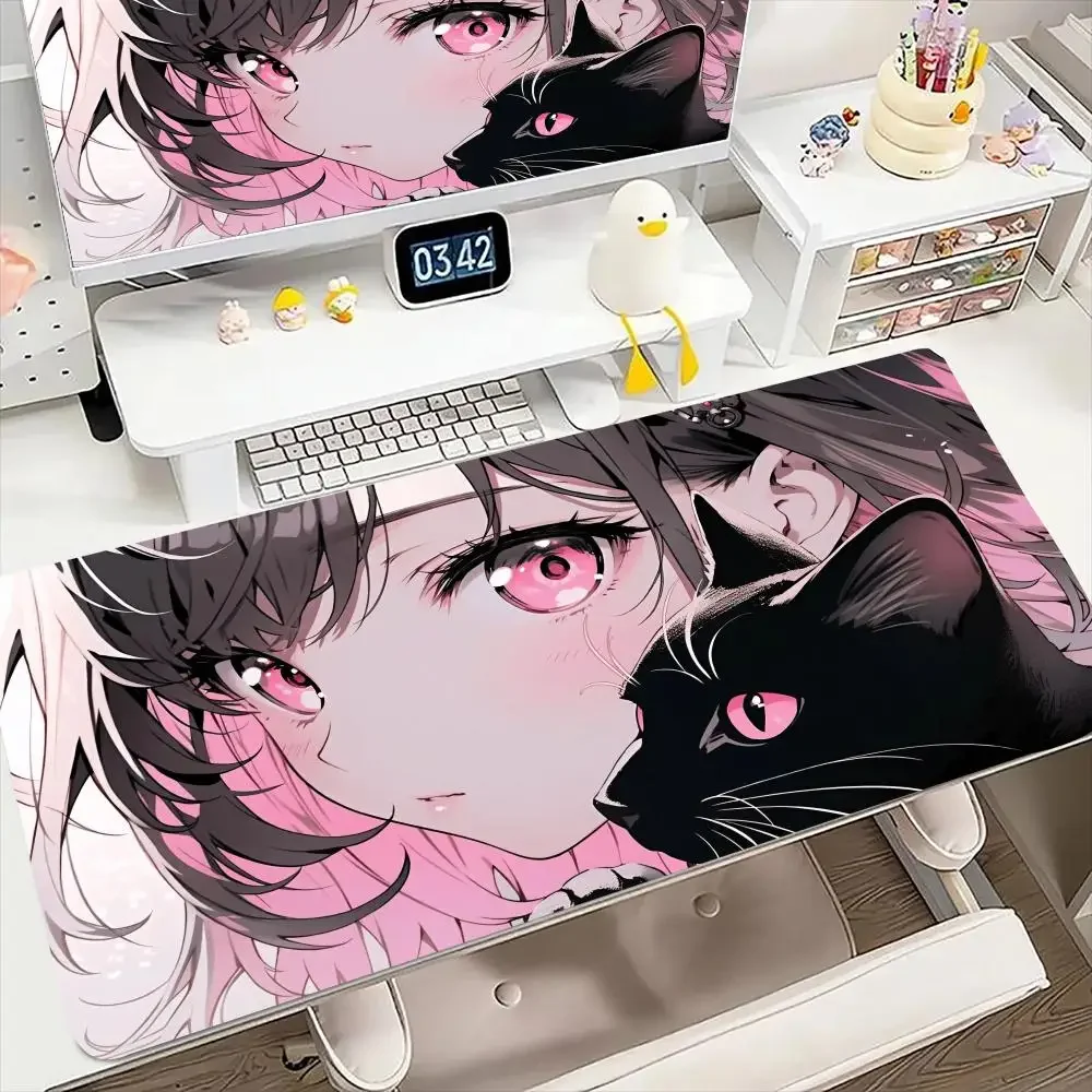 

Girl black cat Mouse Pad Large Computer Office Game Table Mats XXL Rubber Anti-slip Gaming Keyboard Mousepads Long Desk Pads