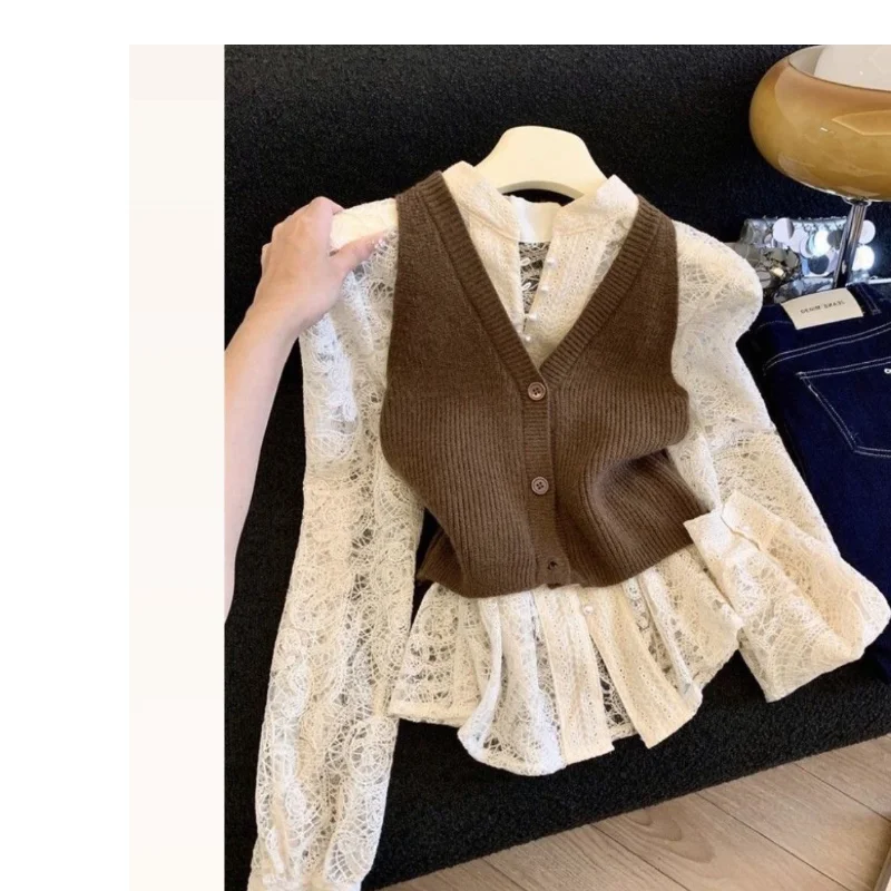 

2025 Camisas De Mujer, шикарные кружевные блузки, женская одежда, корейские темпераментные рубашки с воротником-стойкой, облегающие блузки, топы