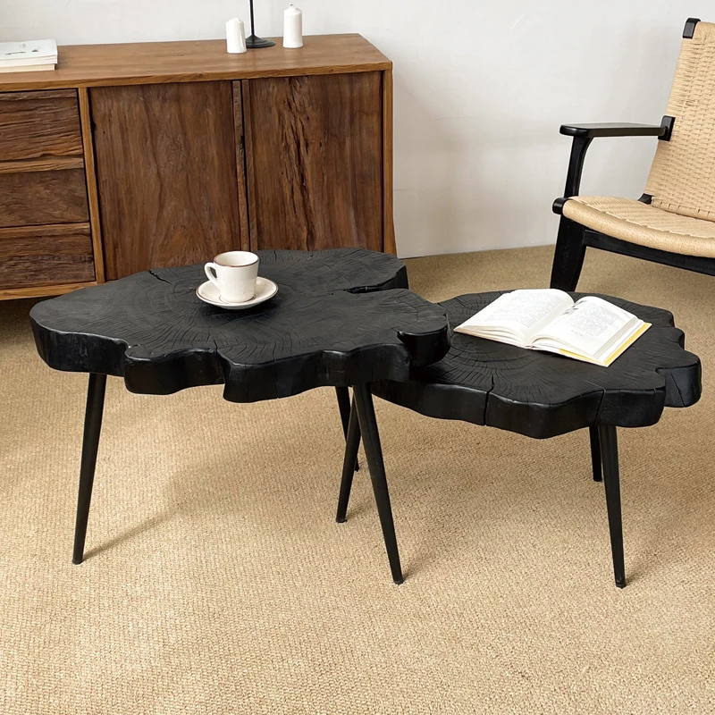Modern Wooden Black Nordic Coffee Table Set For Living Room //Wabi Sabi Style Luxury Irregular Eco-Friendly Durable