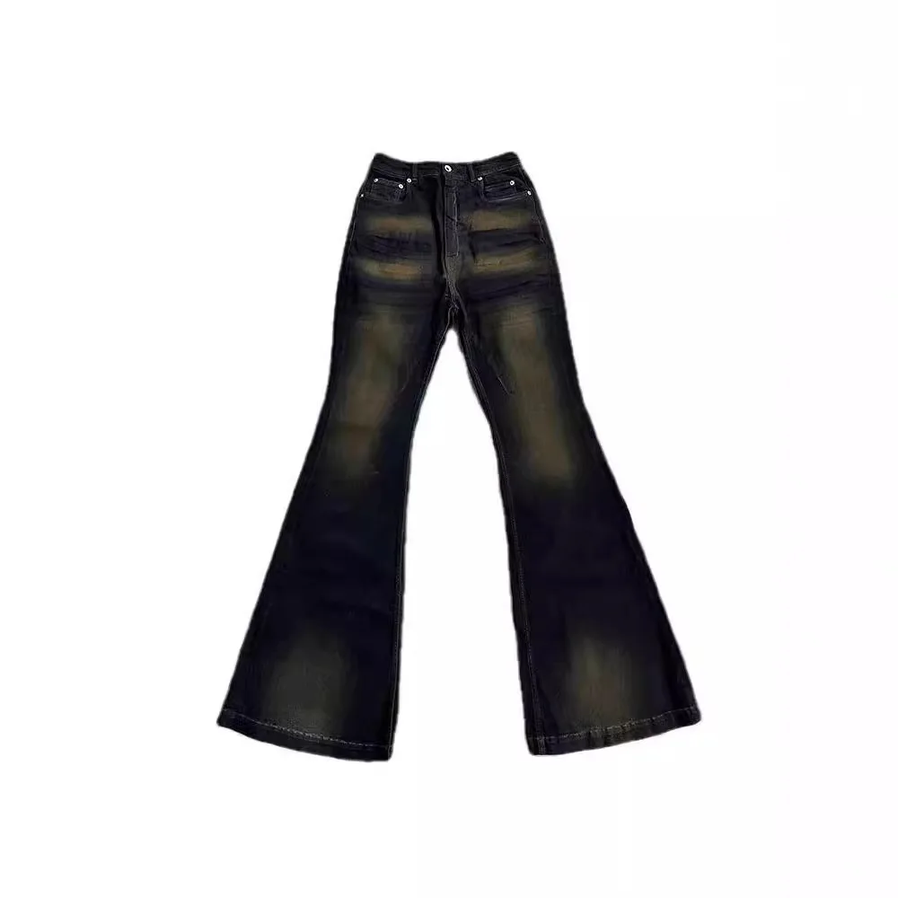 هاي ستريت RO جان السراويل الرجالية خمر التدرج الأزرق البني غسلها البوق واسعة الساقين تبدو سليم ممسحة الطابق التجاعيد الدنيم بانت