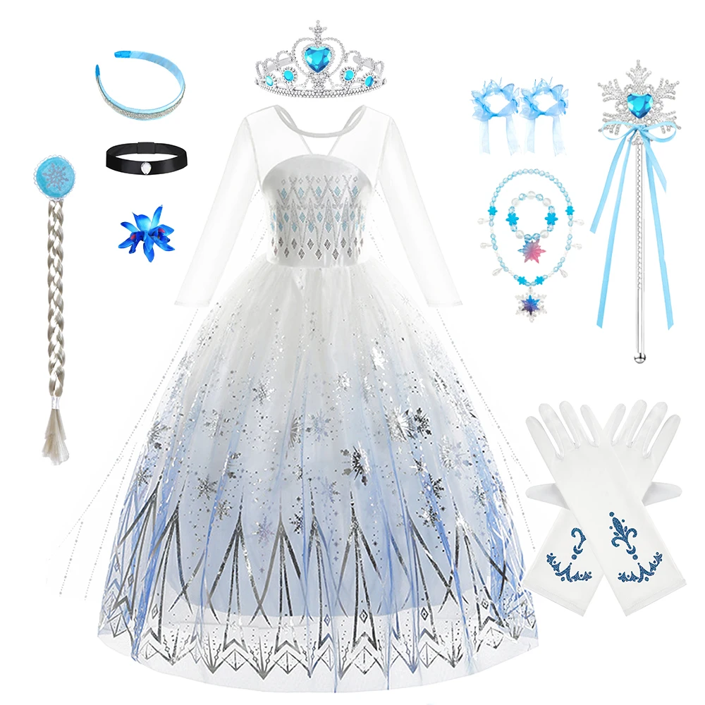 White Elsa Costumes for Girls Cosplay Princess Birthday Dress Long White Snow Queen Dresses Halloween Carnival Clothes