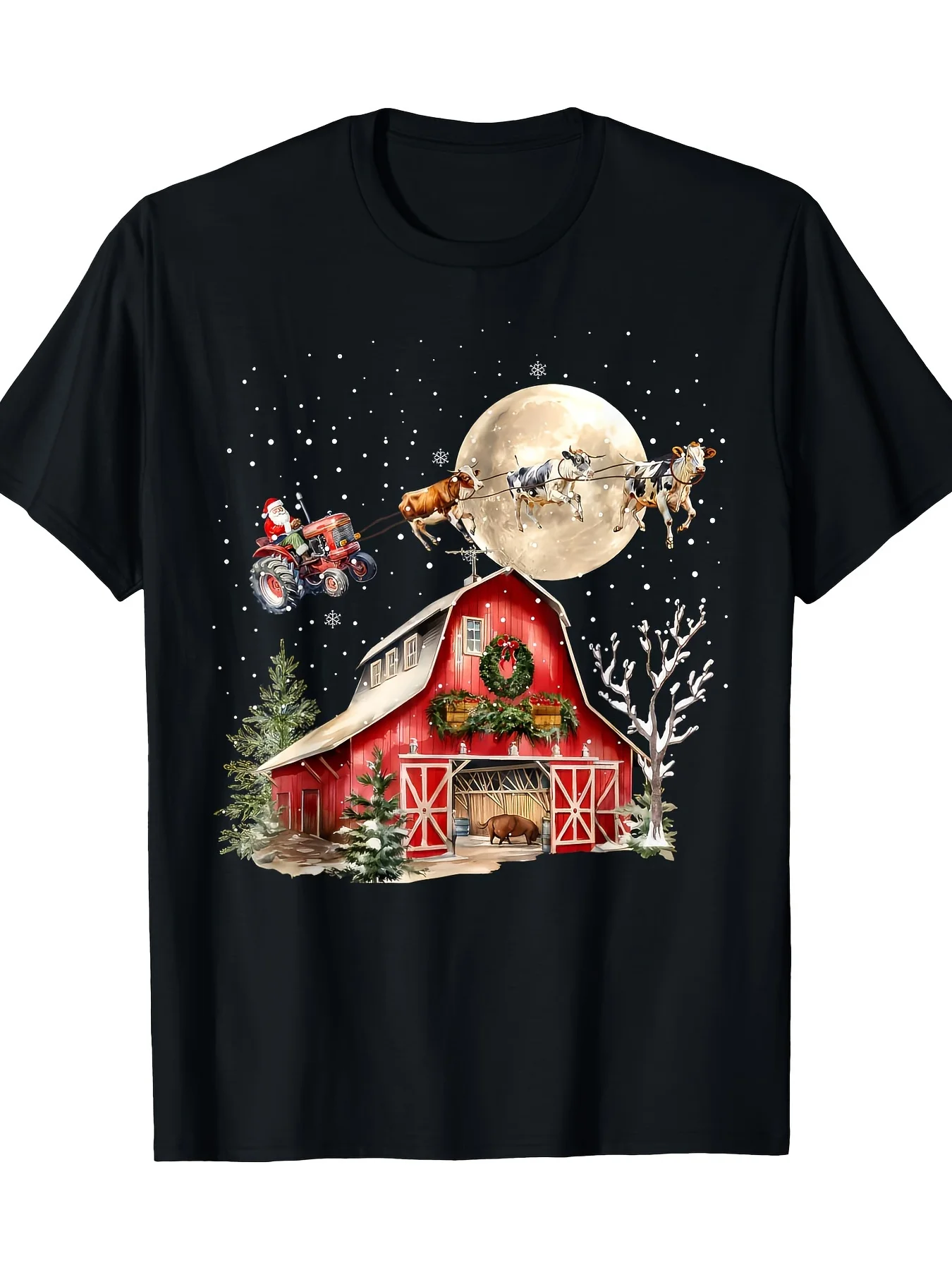 

Men's Farm Xmas Tee - Santa Driving Tractor with Reindeer/Barn, 180gsm Heavyweight Cotton, Short-Sleeve Crew, Farm Style