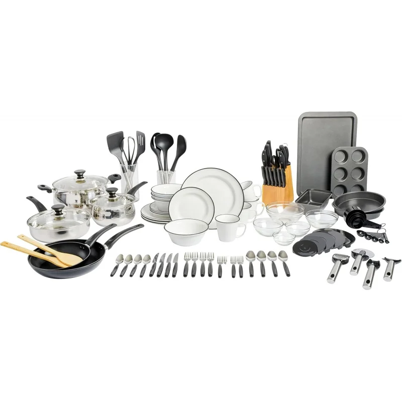 

95Pcs Complete Kitchen in a Box Set, All-Inclusive Kitchen Combo with Cookware, Dinnerware, Knife Block, Flatware Utensils