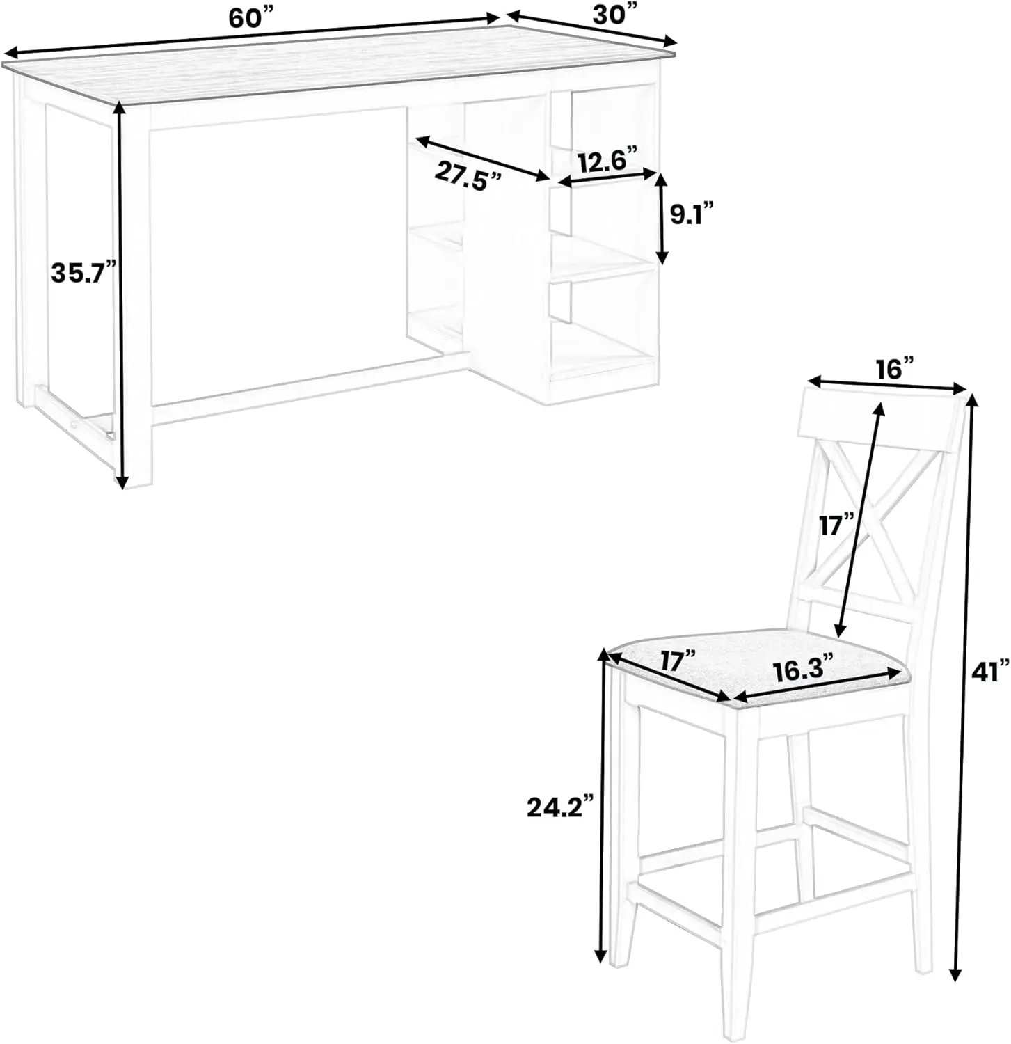 Lumisol 5-Piece Counter Height Dining Table Set With Storage, Rectangular Desk With 3-Tier Storage Shelves, Kitchen Table Set