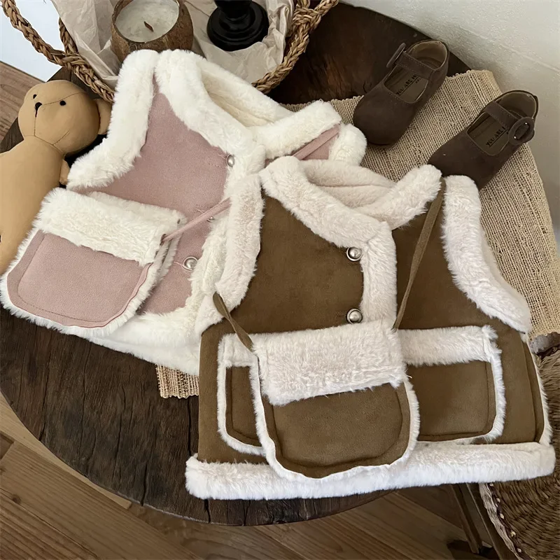 Girls Vests Autumn and Winter New Children Fashion Lamb Fleece Sleeveless Vest Baby Sweet Little Fragrant Wind Coat Clothes