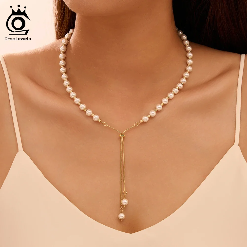 

ORSA JEWELS Elegant Long Y-Shaped Shell Pearls Beads Necklace for Women 925 Silver Collarbone Chain Holiday Jewelry Gift PSN14