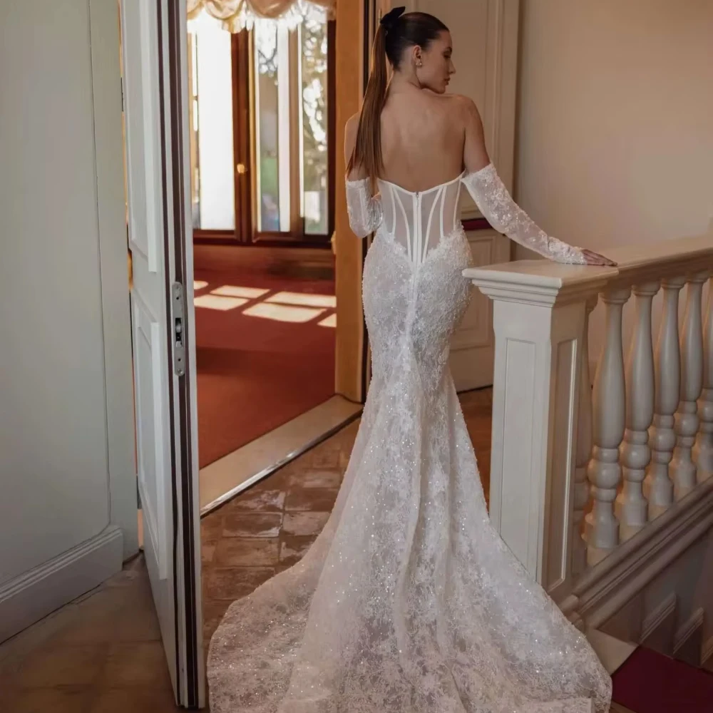 تخصيص العاج انفصال كم مطرز الدانتيل فستان الزفاف للمرأة العروس رومانسية الحبيب الرقبة الوهم ثوب الزفاف