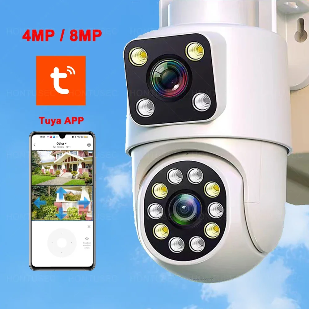 

TUYA 4K 8MP Dual Lens Wifi PTZ Camera Outdoor Waterproof IP66 Auto Tracking Color Night Vision Wireless Security Camera System