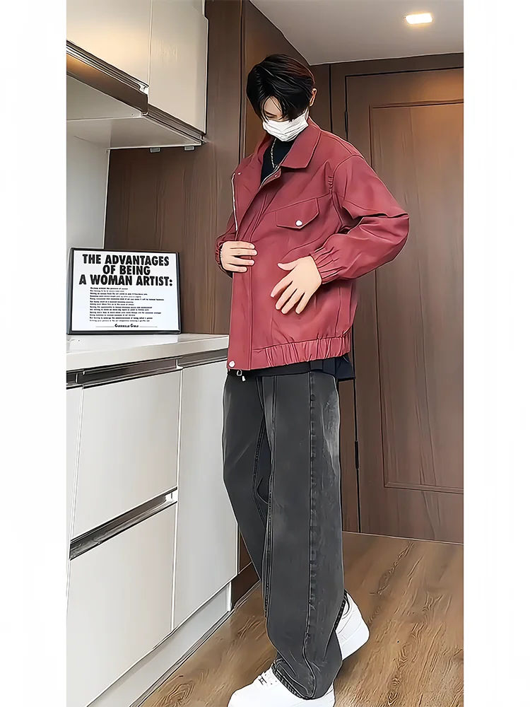 

Кожаная куртка Ankela Red Matte для мужчин, весна-осень, в стиле Cleanfit, мотоциклетная, американская ретро-модель с воротником, молодежная модная куртка