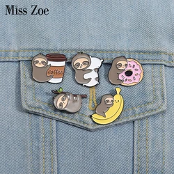 Lazy Sloth Enamel Pins Custom Coffee Donut Banana Pillow Brooches Lapel Badges Cartoon Animal Jewelry Gift for Kids Friends