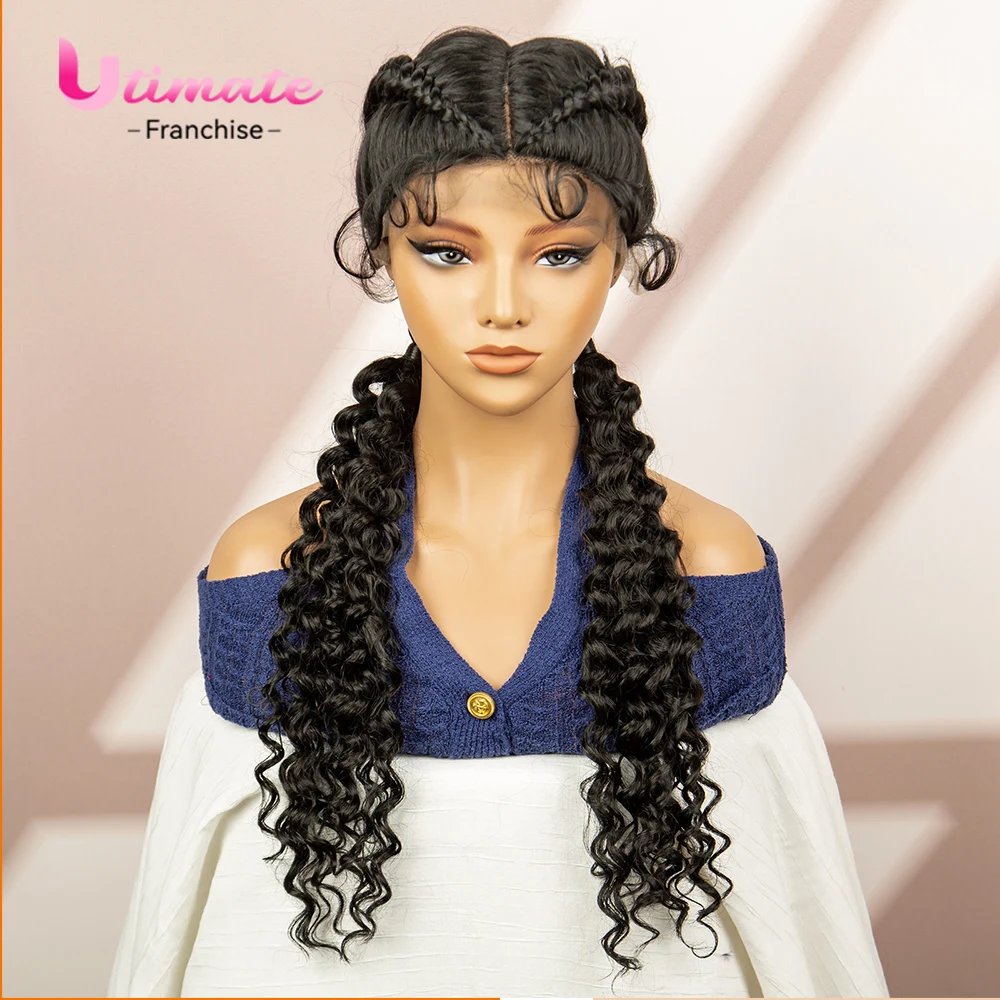 

Плетеные парики с волнистыми волосами для чернокожих женщин, 30-дюймовые кружевные фронтальные косы, парики с детскими кончиками волос, вьющиеся, натуральный цвет