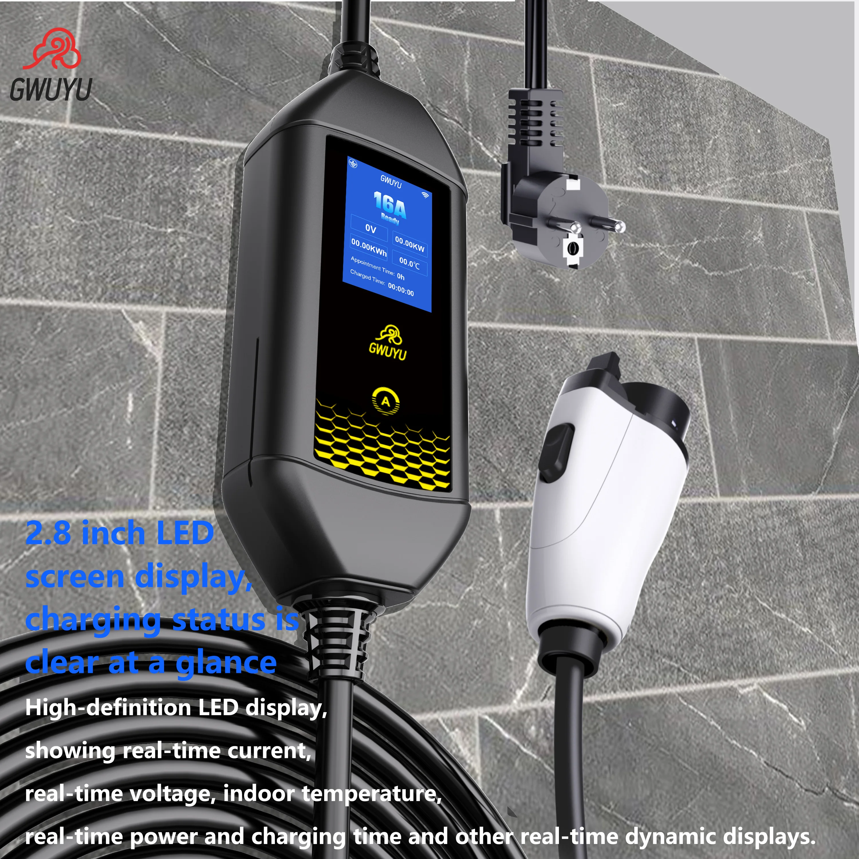 GWUYU 3.5KW Portable EV Charger Type1 J1772 Wallbox IP65 with App Safe Charging for Tesla Kia Hyundai Nissan Dacia 4Meters Cord