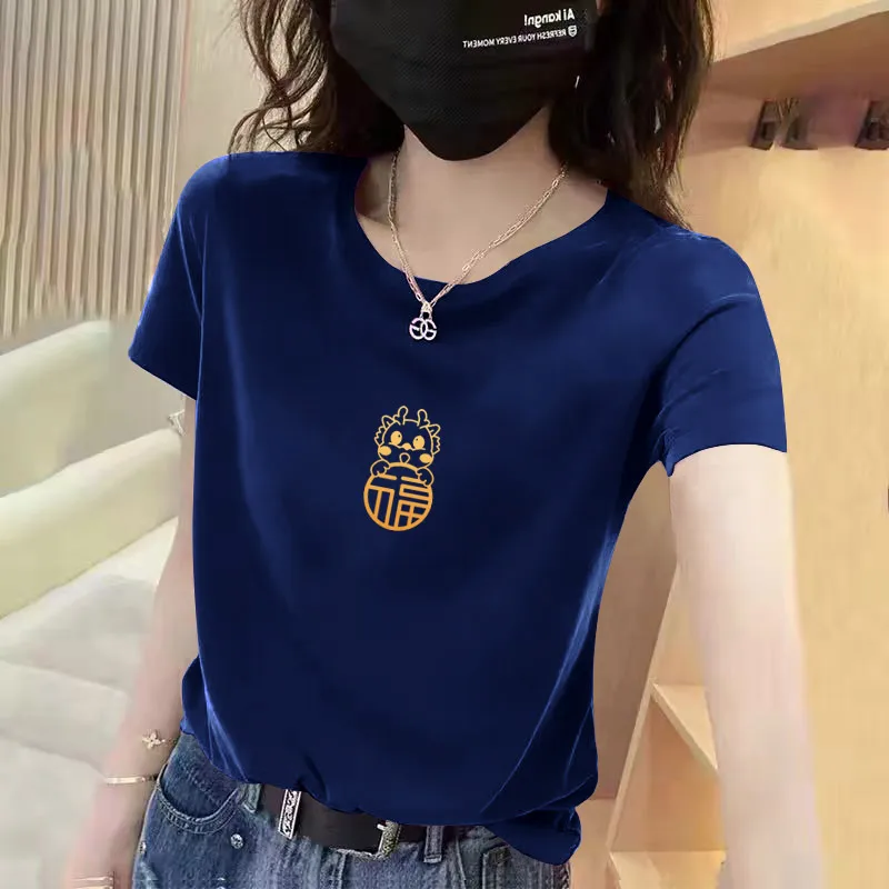 Camiseta Holgada de Algodón para Mujer, Cuello Redondo, Versátil, Talla Grande, Estilo Coreano, Informal, para Verano