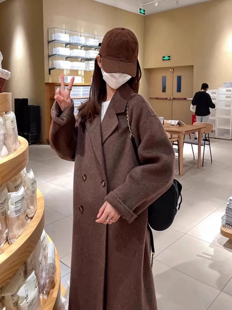 Women Double Sided Woolen Coat Pure Wool Korean Style Overcoat Autumn Winter Double Breasted Loose Fit Long Outerwear Hot Sale