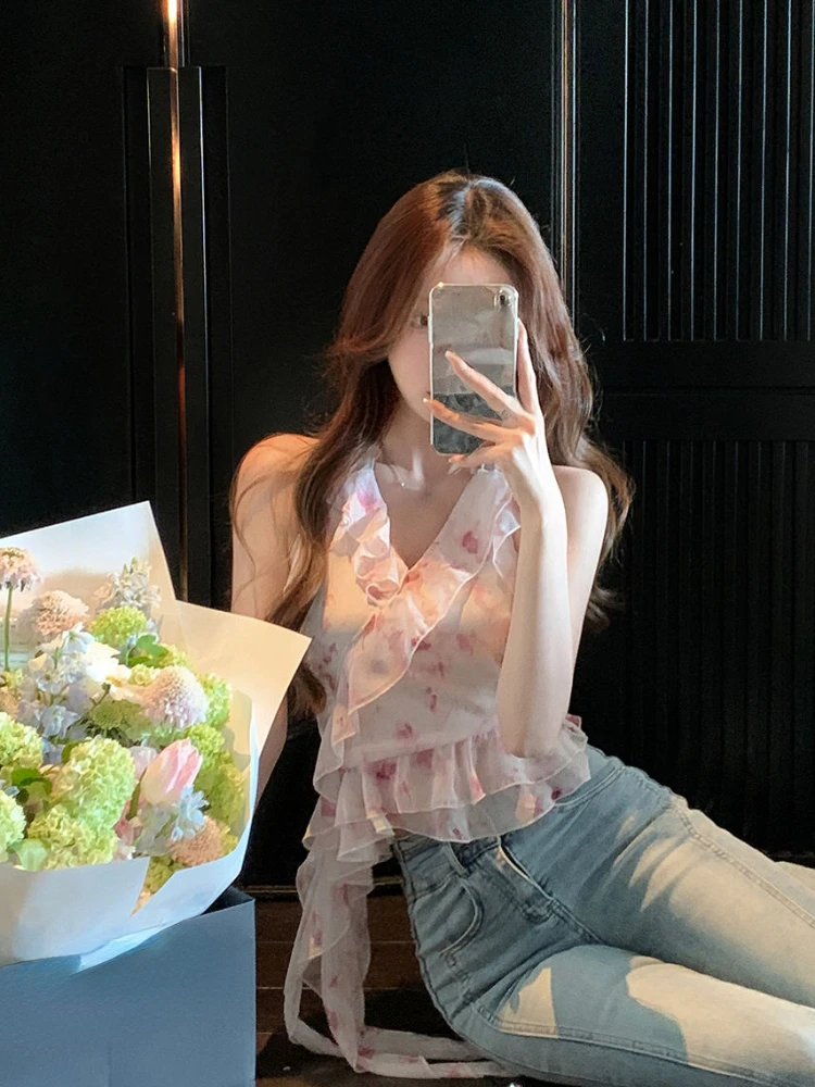 Pink Chiffon Korean Designer Vest Women Print Ruffles Elegant Sweet Tank Tops Female Holiday Causal Sexy HalterneckTops 2023 New