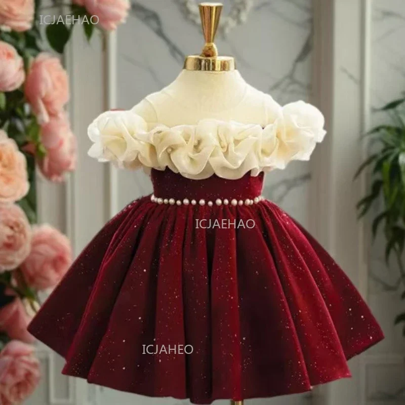 Christmas Princess Pageant Dress Wine Red Girls Host Piano Recital Performance Fashion Show Gown Party Formal Evening New Year