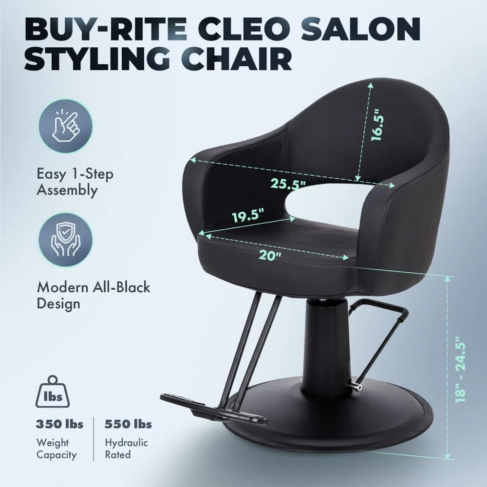Cadeira de estilo de salão profissional e cadeira de barbeiro, vinil preto luxuoso e costura preta, assento fácil de limpar