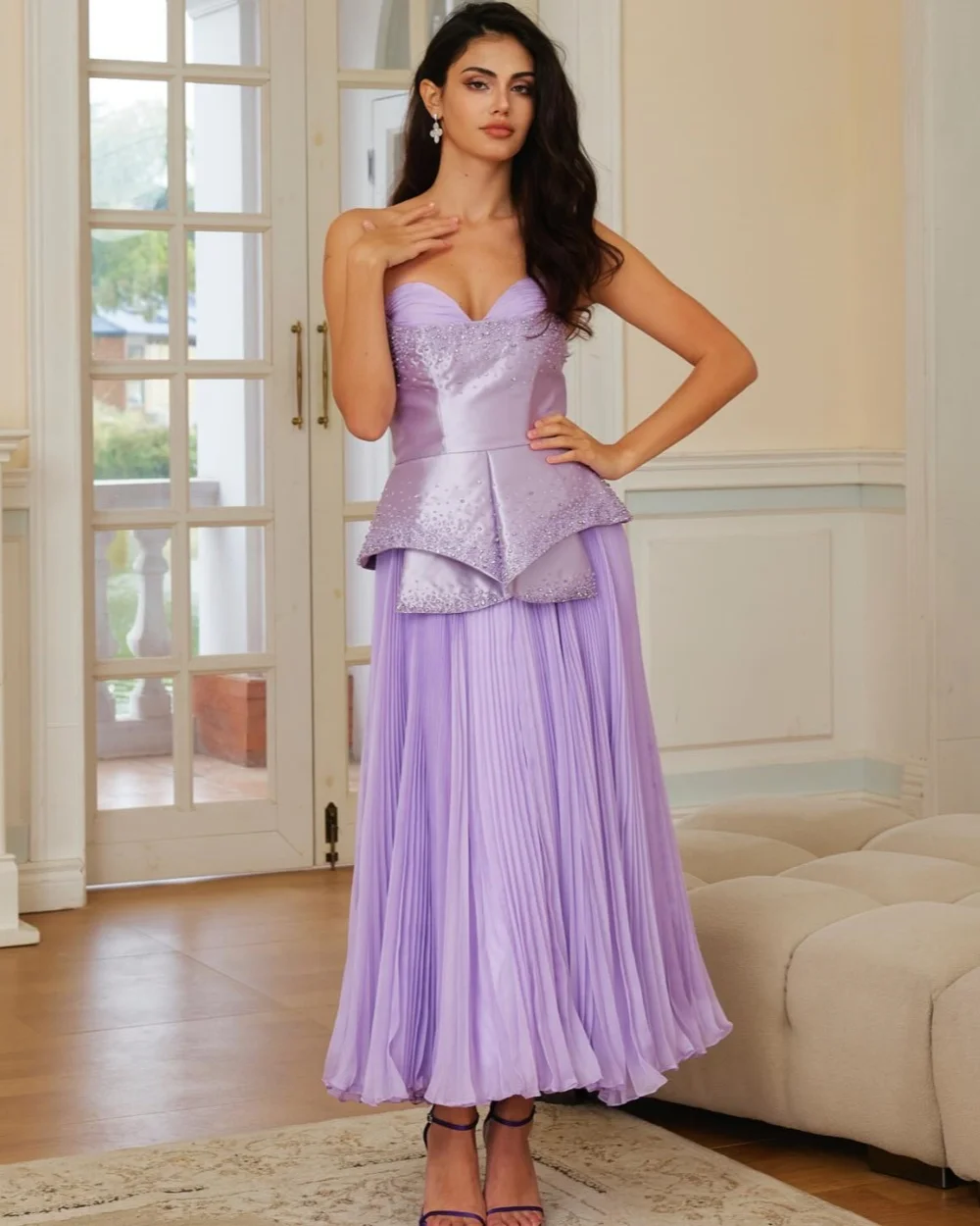 

Customized Fashion Women Charmeuse Rhinestone Ruched A-line Evening Dresses Elegant Sweetheart Sleeveless Ankle Length Dresses