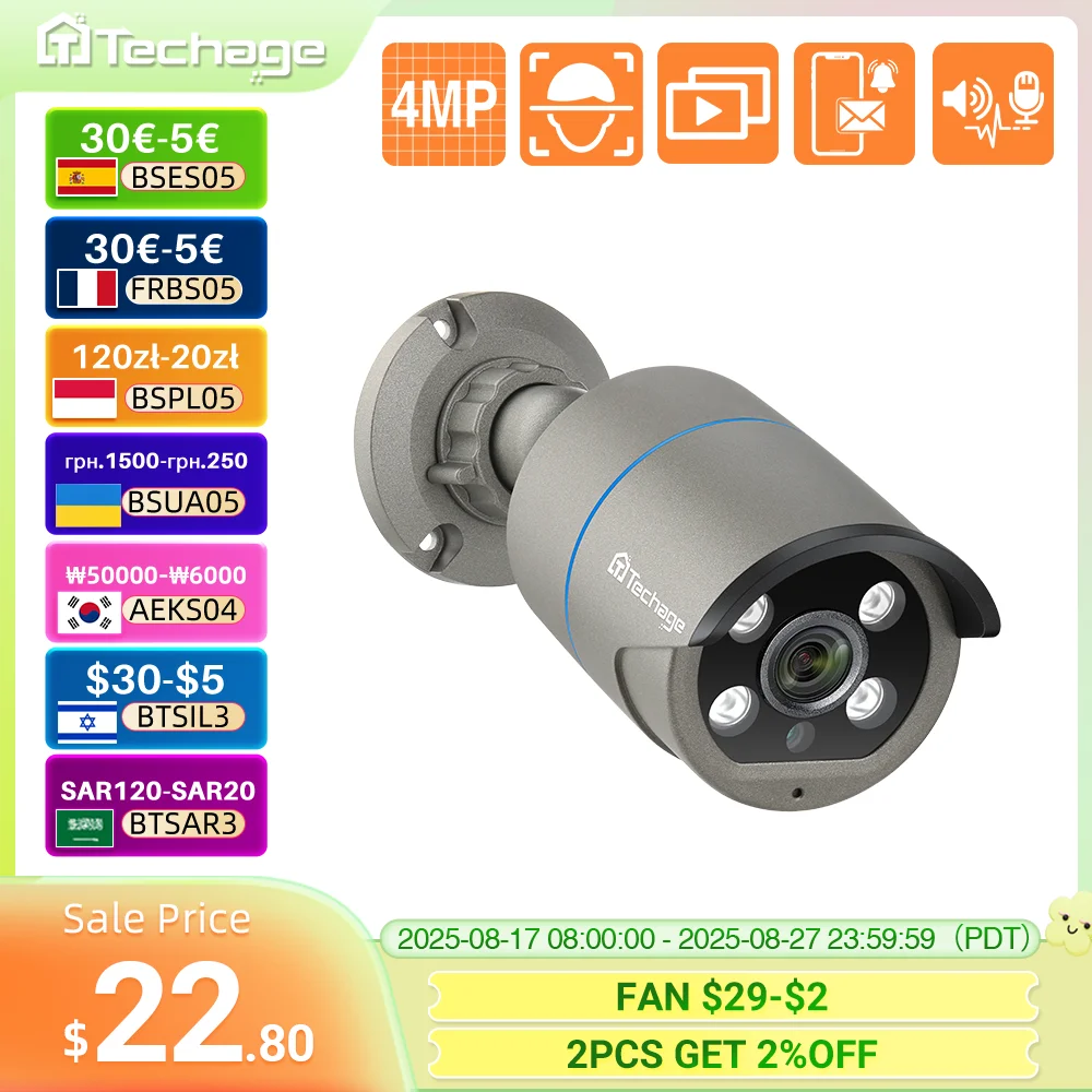Techage H.265 4MP Zwei-Wege-Audio POE IP-Kamera IP66 Wasserdichte Outdoor-Video-CCTV-Sicherheitsüberwachungskamera für POE NVR-System