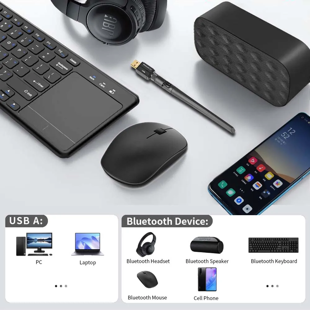 150M Bluetooth 5.4 5.3 5.1 Adattatore USB Bluetooth Dongle per Windows 11/10/8.1 Mouse Wireless Tastiera Ricevitore Audio Trasmettitore