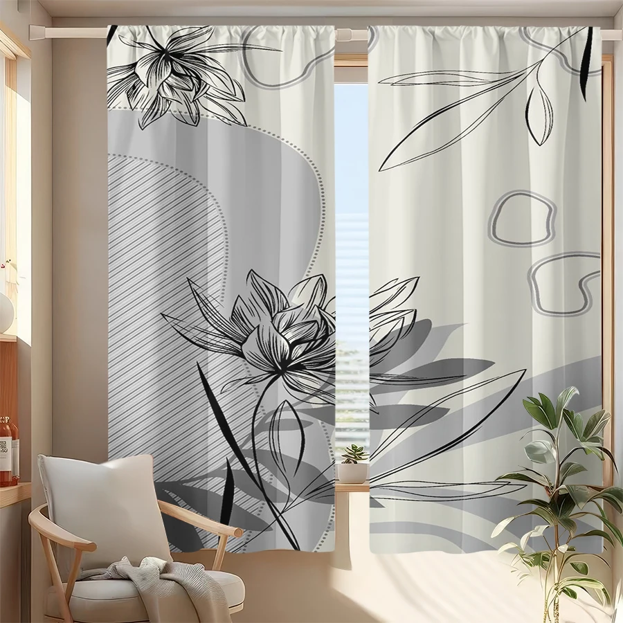 2PCS, Multicolor, Monochrome Lotus Line Art with Geometric Accents Curtains, for Bedroom and Living Room, Rod Pocket Style