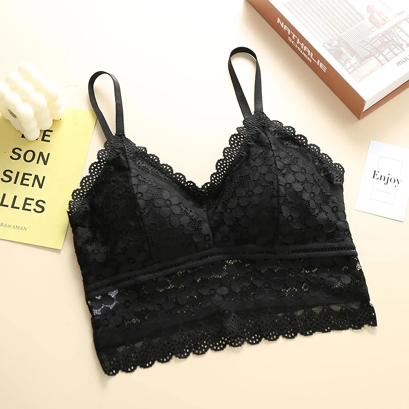 Women Fashion Sexy Lace Beauty Back Sling Bottoming Underwear French Style Inside Gathers Hollow Wrapped Chest No Steel Ring Bra