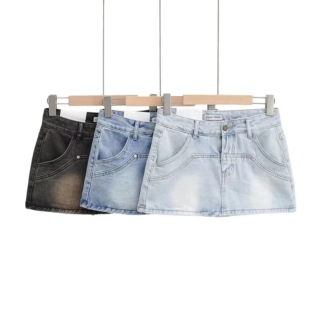 Skirts for Women Sexy Slim Solid Colour Pockets Spliced Summer Casual Femme High Waist Wrap Hip Mini Short Denim Skirt