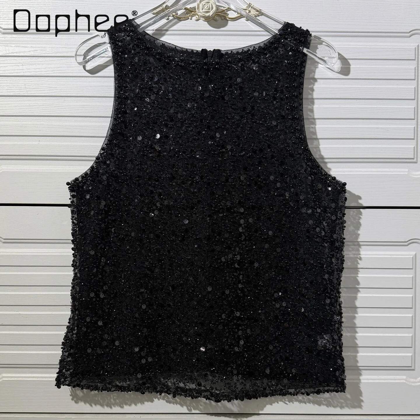 

European American Heavy Industry Sequined Sleeveless Vest Top Sexy Pearl Bead Mid-length A-line Skirt Temperament Socialite Suit