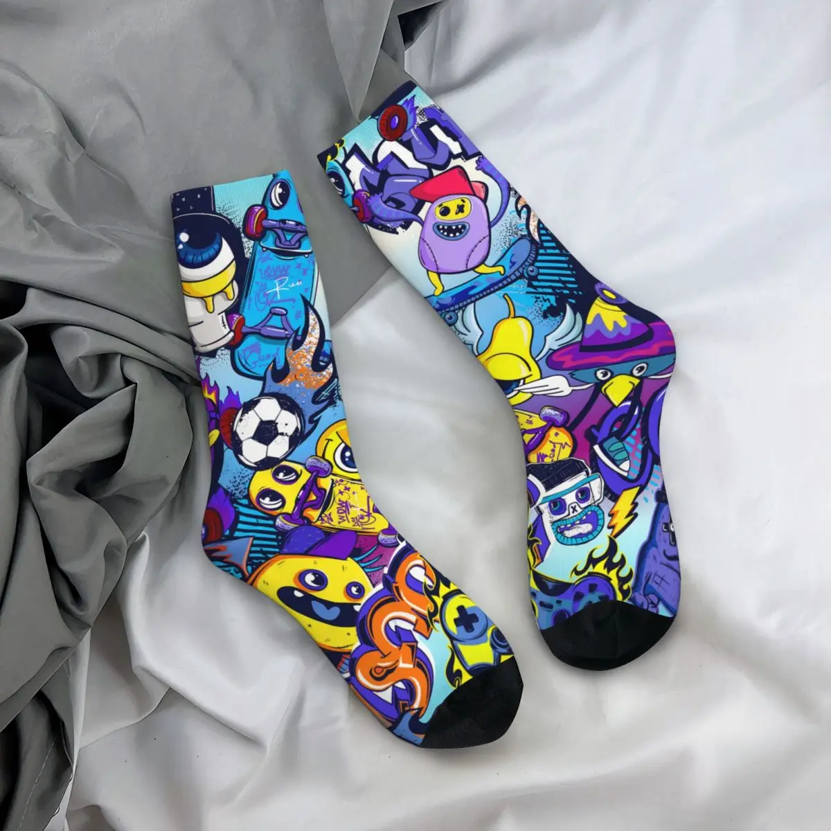 Crazy Sock for Men Comics Monsters Pattern Colorful Street Art Vintage Graffiti Art Pattern Pattern Printed Crew Sock