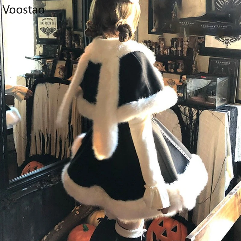 Autunno Inverno Dolce Lolita 3 Pezzi Set Donne Kawaii Peluche Coniglietto Orecchio Mantello Cappotto Sottile Mini Abiti Stile Coreano Femminile Y2k Vestito