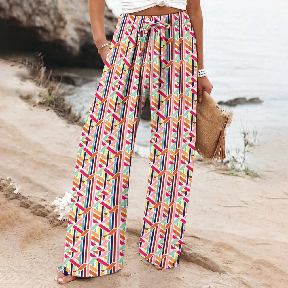 

Colorful Geometric Print Drawstring Pants Vibrant Straight Wide-Leg Trousers Boho Beach Vacation Pants Causal Women’s Outfit