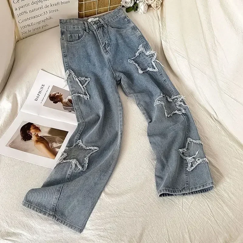 Women Y2K Korean Fashion Wear-resistant Patch Star Pattern Retro Jeans High Waist Distressed Trousers Straight Street Style