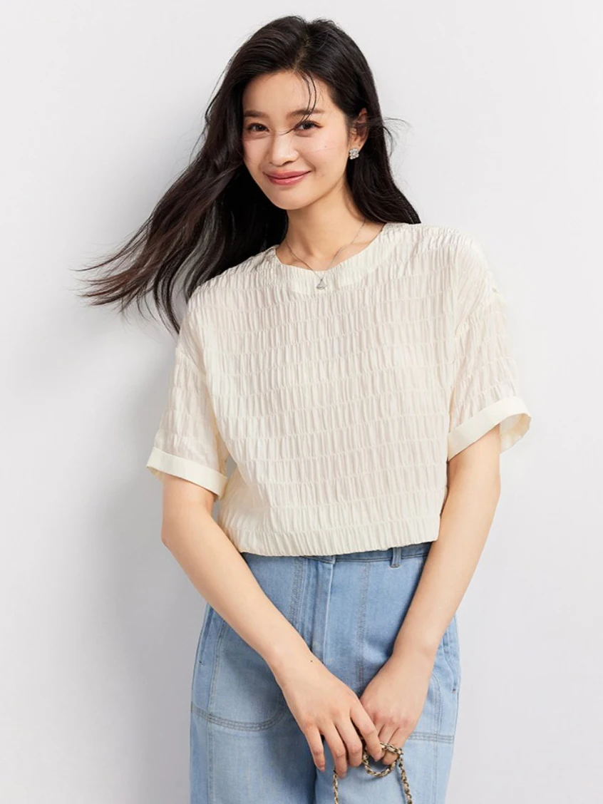 

Ele Simple Ningxia Silk Elastic Bamboo Folded ort Sve round Ne Top High Temperature Setting Women's T-irt