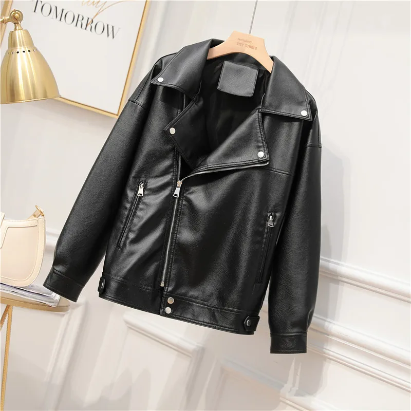 Traf Thick Women Pu Leather Jacket 2022 New Biker Black Coat Turn Down Collar Cool Motorcycle Jackets Loose Streetwear Outerwear