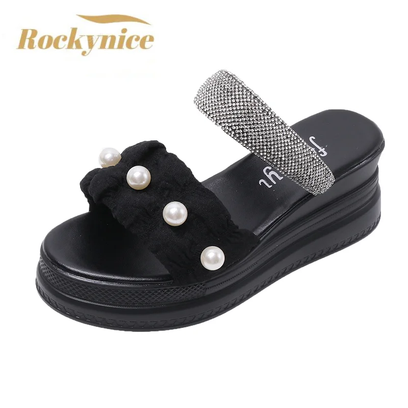 

New Summer Women Slippers Flip-Flops Ladies Beach Bling Wedge Heels Shoes Woman High Platform Pearl Slippers Outside Sandals 7CM