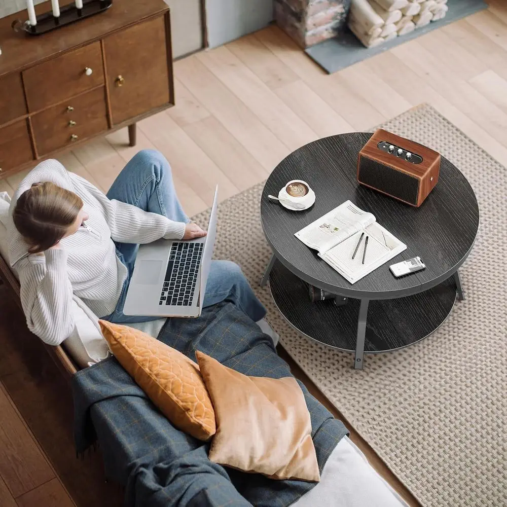 インダストリアルモダン2段ラウンドコーヒーテーブル、厚みのある木製トップ、メタルフレーム、31.5ブラック