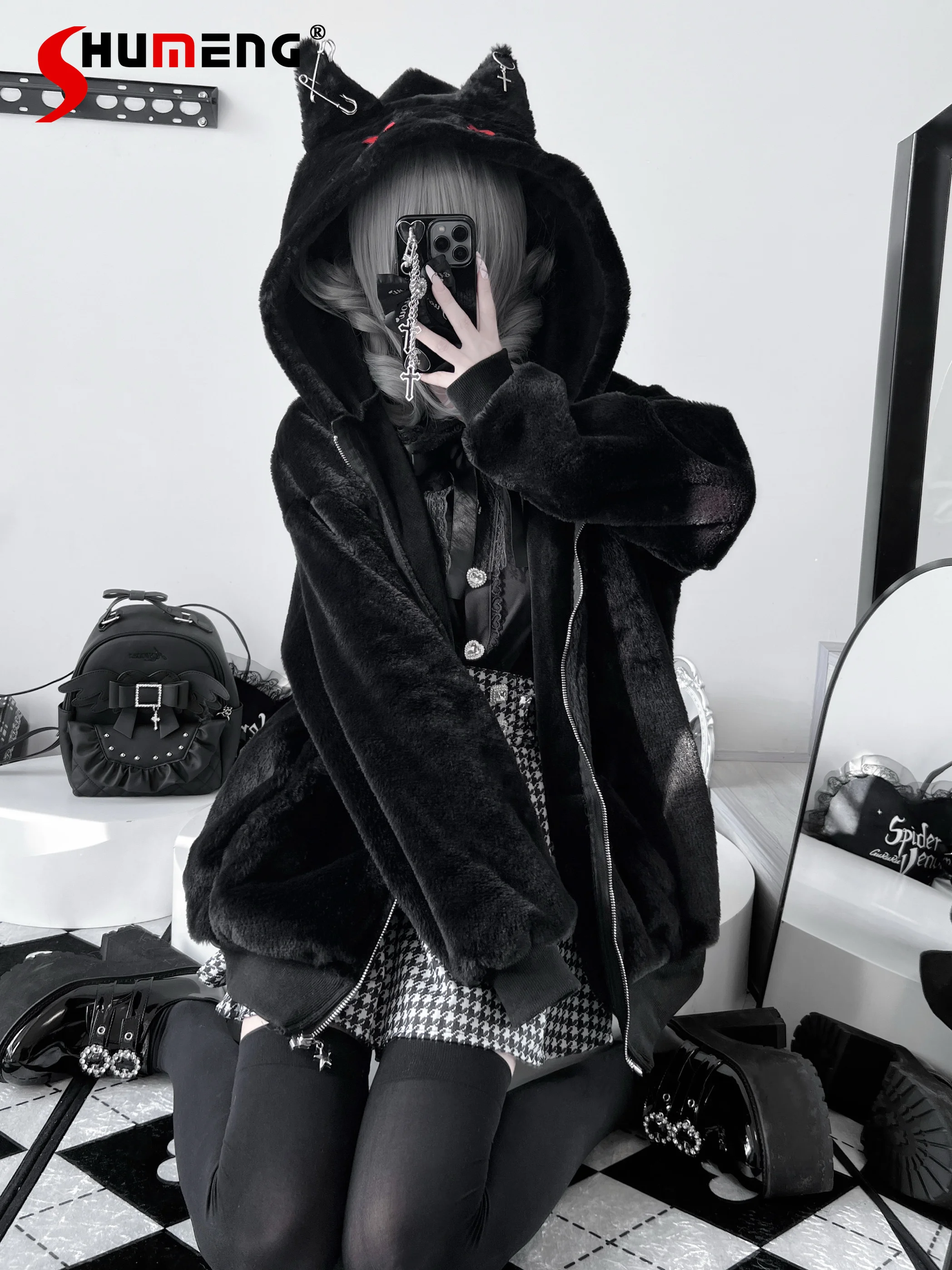 

Minie Series Subculture Aesthetic Black Faux Fur Jacket Student Warm Thickened Hooded Zipper Kawaii Coat Autumn and Winter New