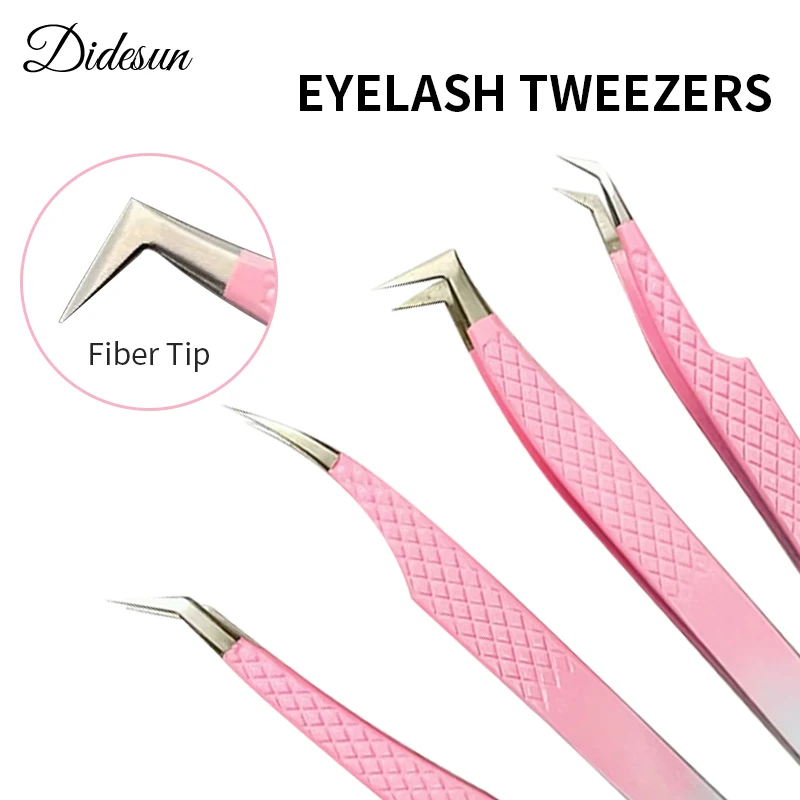 Didesun Fiber Tip Tweezers for Eyelash Extension Pink Stainless Steel High Precision Lash Tweezers for Volume Fans Makeup Tools