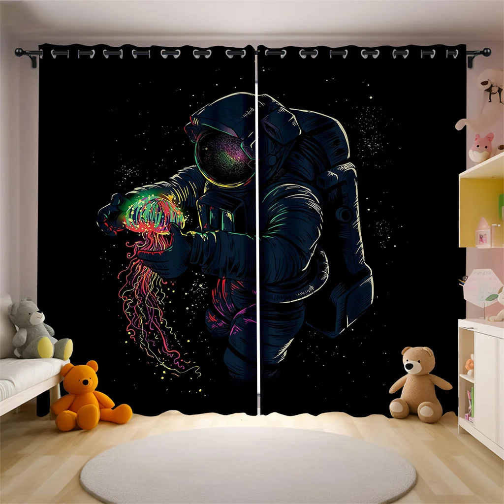 

Colorful Space Astronaut Jellyfish Curtains Galaxy Window Drapes 2 Panels Living Room Bedroom Home Decor