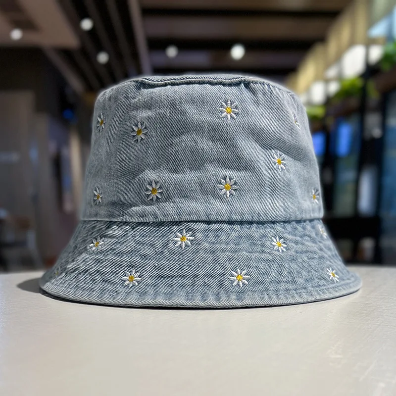 Haftowany kwiat kapelusz typu Bucket dla kobiet jeans kreskówka kapelusz typu Bucket kapelusz na ryby kapelusz Outdoor podróży czapka