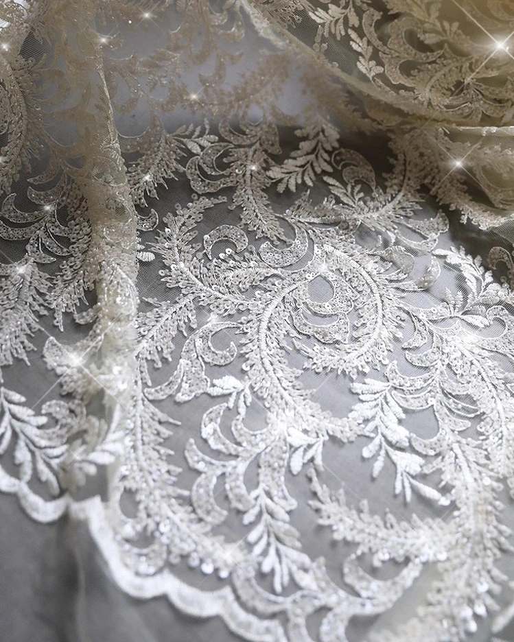 

1yard Full embroidery nail bead glitter tela New soft lace fabric Wedding Dress cheongsam diy sewing fabric
