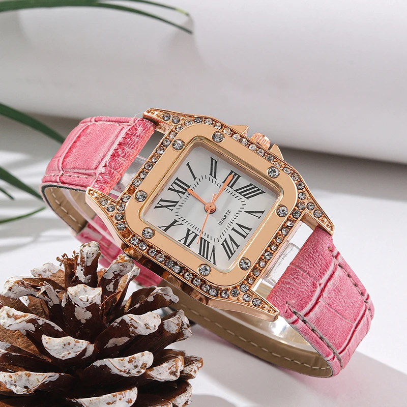 6PCS Women Watch Pink Leather Band Ladies Watches Fashion Casual Quartz Wristwatch Butterfly Design Ring Necklace Earrings Watch