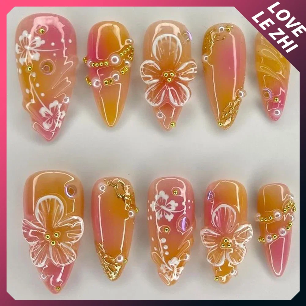 Handmade Press On Nails Y2K 3D French Almond Flowers Full Cover Bow Design Anime Peripherals Fake Nails Manicure Nail for Women